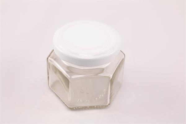 Sexkantigt glas med vitt lock, 105 ml