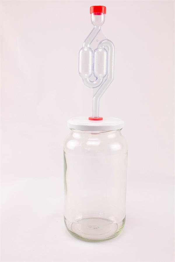 Fermenteringsglas komplet med skruelåg, hul til tyl, tyl og gærrør, 1 liter