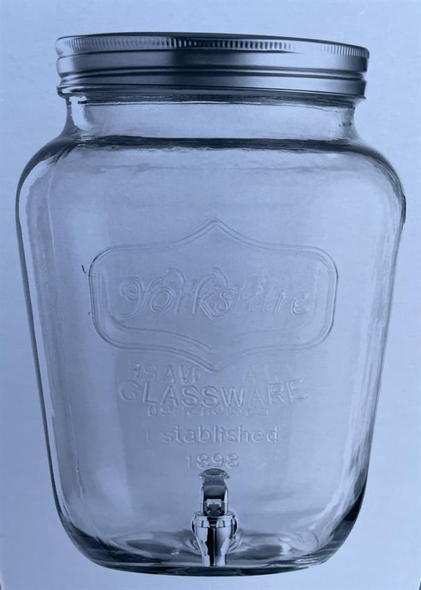 Vinägerkruka i glas med tappkran, rödrutigt tyg, 8 liter
